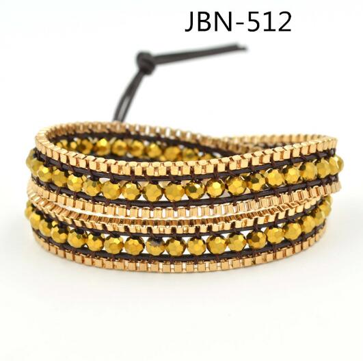 Wholesale plating gold color crystal wrap leather bracelet
