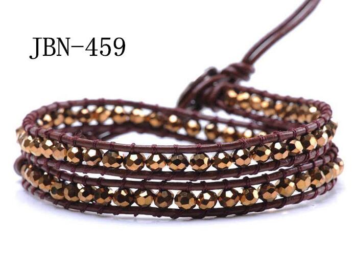 Wholesale plating brown color crystal wrap leather bracelet
