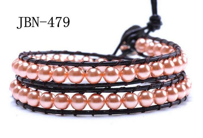 Wholesale pink color pearl leather wrap bracelet