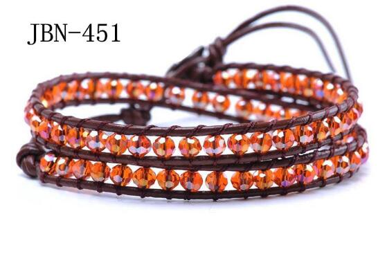 Wholesale orange color crystal leather wrap bracelet 