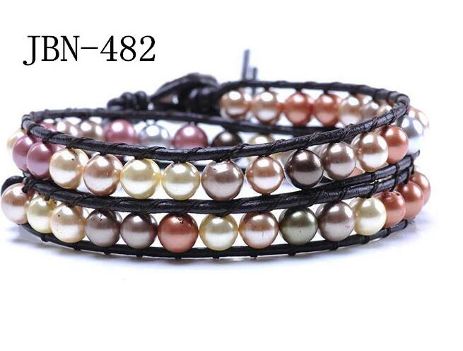 Wholesale multi color pearl wrap leather bracelet