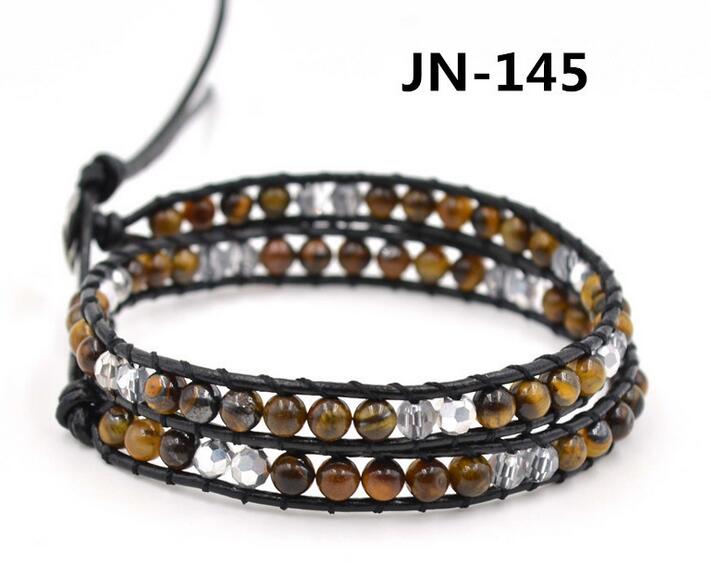 Wholesale brown stone and whtie crystal  leather wrap bracelet