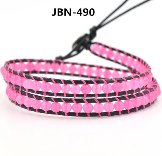 Wholesale 6mm pink color stone leather wrap bracelet