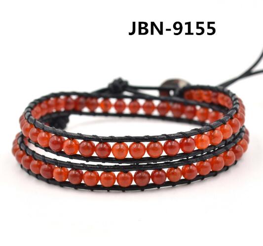 Wholesale 4mm orang color stone leather wrap bracelet