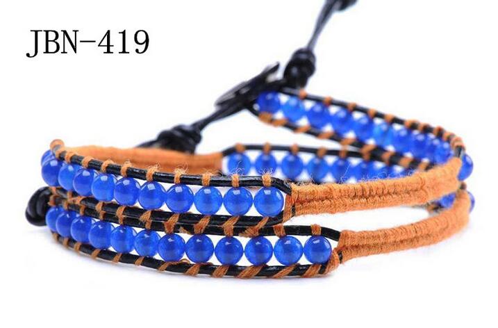 Wholeasle blue color stone leather wrap bracelet