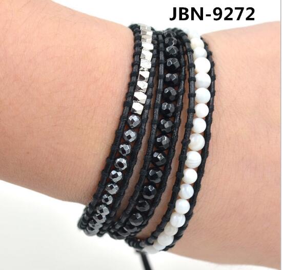 Wholesale white turquoise and black crystal 3 wrap leather bracelet