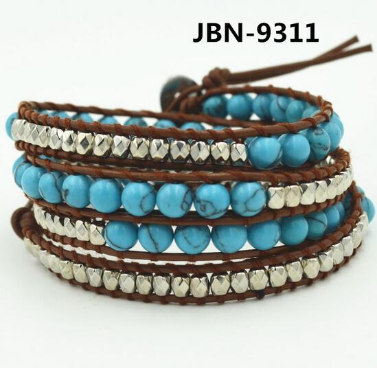 Wholesale turquoise and plating silver crystal wrap leather bracelet