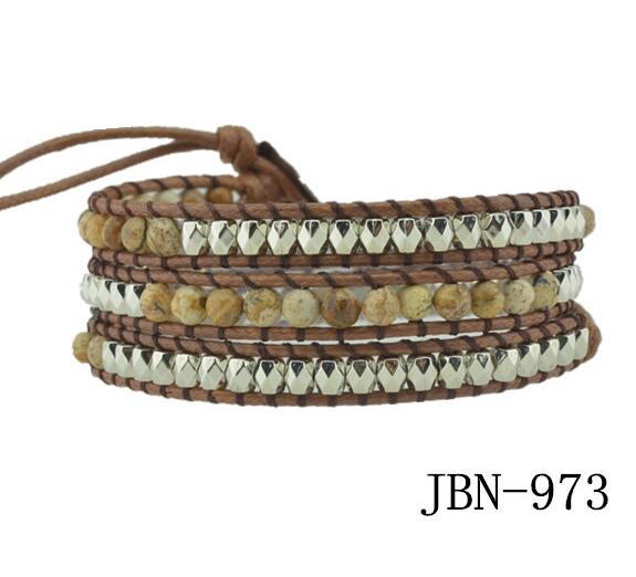 Wholesale multi stone and plating grey crystal 3 wrap leather bracelet