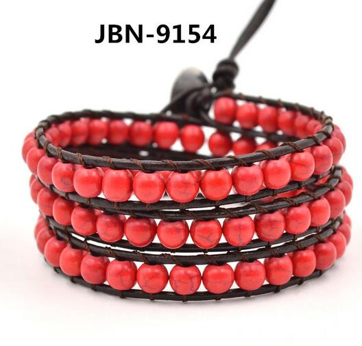 Wholesale fashional red stone 3 wrap leather bracelet