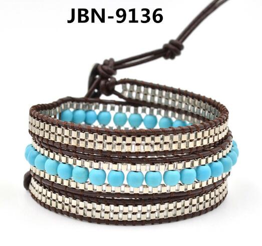 Wholesale blue turquoise and plating grey color 3 wrap leather bracelet