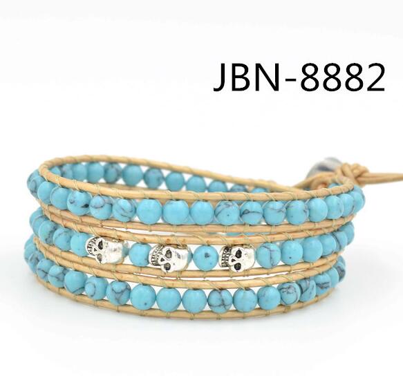 Wholesale blue color turquoise and skeleton 3 wrap leather bracelet on brown leather