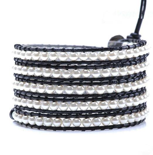 Wholesale white pearl 5 wrap leather bracelet