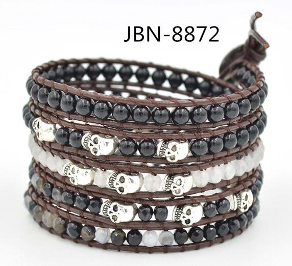 Wholesale white and black carnelian and agate 5 wrap leather bracelet on brown leather rope