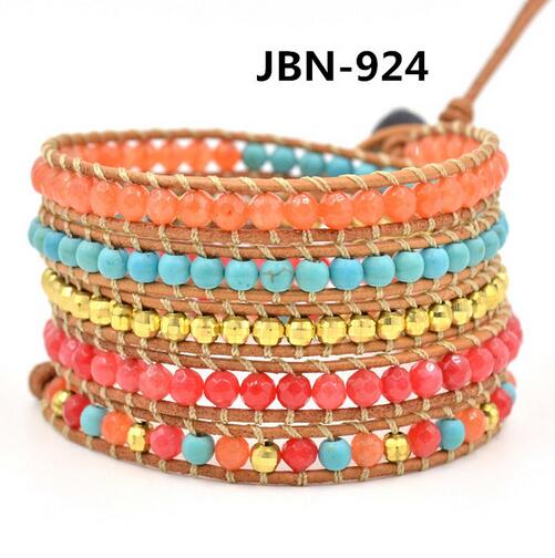 Wholesale turquoise and colorful stone 5 wrap leather bracelet