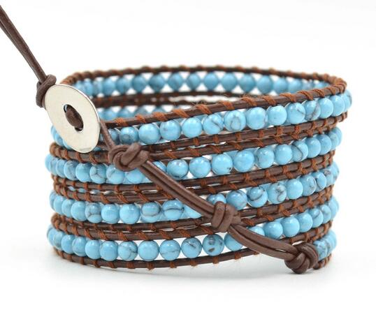 Wholesale turquoise 5 wrap leather bracelet on brown leather