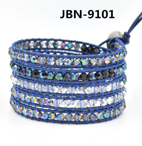 Wholesale plating blue color crystal 5 wrap leather bracelet on blue leather