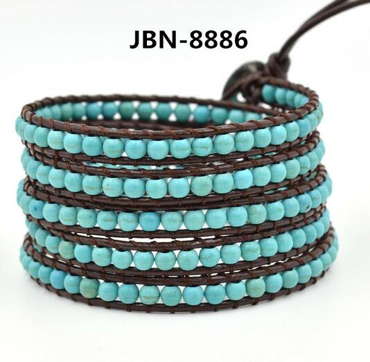 Wholesale green turquoise 5 wrap leather bracelet on brown leather