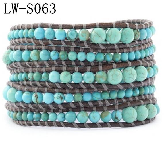 Wholesale green color turquoise 5 wrap leather bracelet