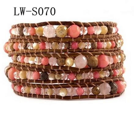 Wholesale colorful stone 5 wrap leather bracelet on brown leather