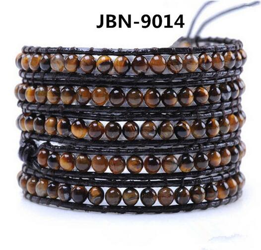 Wholesale brown tiger stone 5 wrap leather bracelet on black leather rope