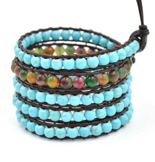 Wholesale blue turquoise and stone 5 wrap leather bracelet