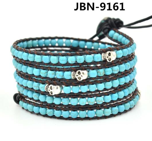 Wholesale blue color turquoise and skeleton 5 wrap leather bracelet on black leather