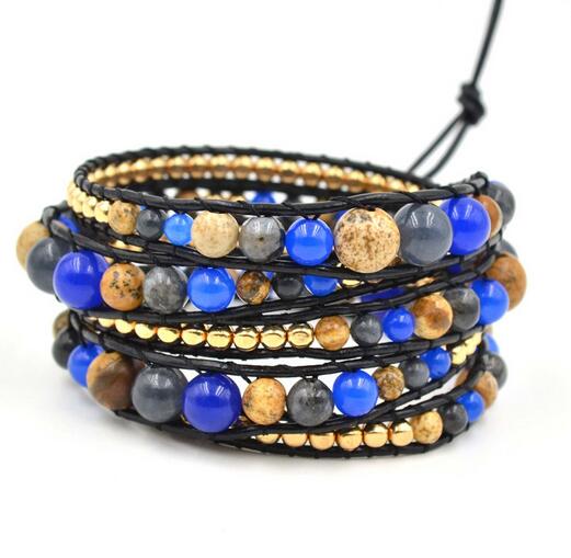 Wholesale blue color carnelian and plating gold crystal 5 wrap leather bracelet