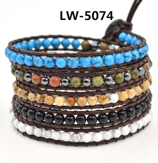 Wholesale blue and colorful gemstone 5 wrap leather bracelet on brown leather