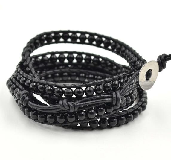 Wholesale black stone 5 wrap leather bracelet