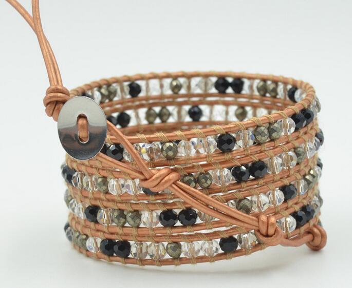 Wholesale black carnelian and white crystal 5 wrap leather bracelet on brown color leather
