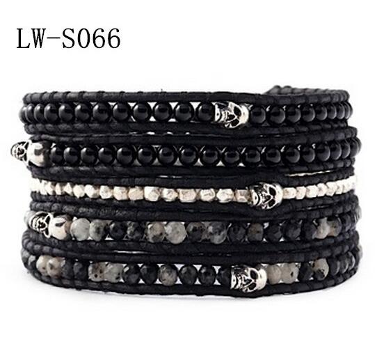 Wholesale black carnelian and skeleton 5 wrap leather bracelet