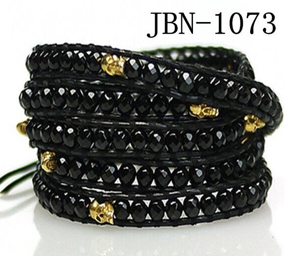 Wholesale black carnelian and gold skeleton 5 wrap leather bracelet