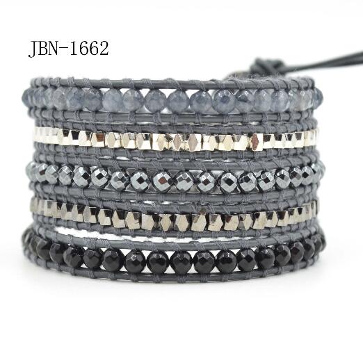 Wholesale black agate and plating silver crystal 5 wrap leather bracelet