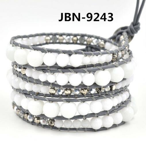 Wholesale white stone 5 wrap leather bracelet