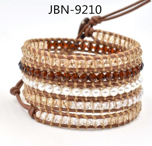 Wholesale white pearl and brown crystal 5 wrap leather bracelet on brown leather