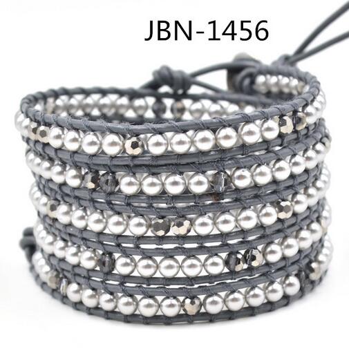 Wholesale white pearl  5 wrap leather bracelet on grey leather