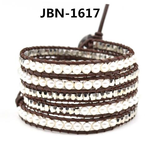 Wholesale white pearl  5 wrap leather bracelet on brown leather