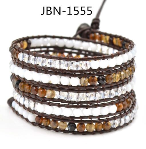 Wholesale white crystal 5 wrap leather bracelet on brown leather