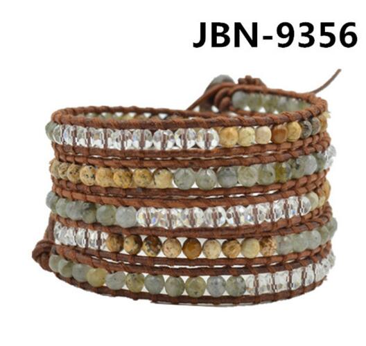 Wholesale white crystal 5 wrap leather bracelet on brown leather