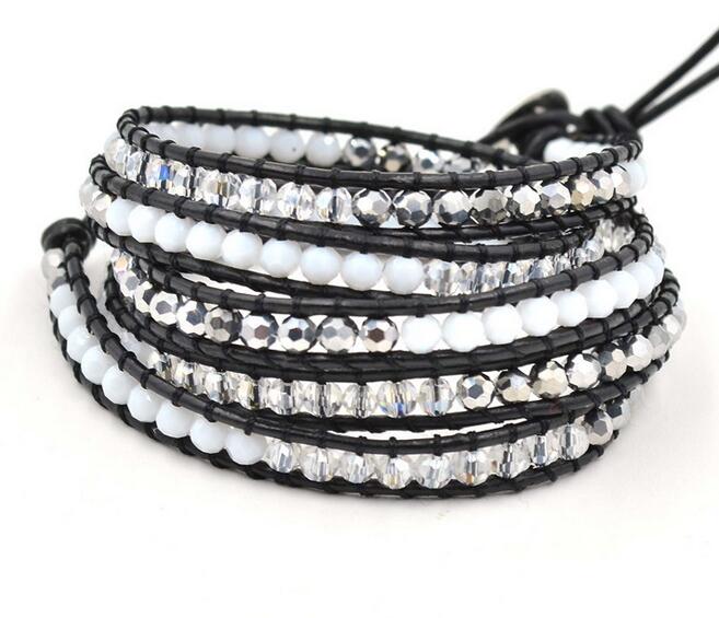 Wholesale white color pearl and white crystal 5 wrap leather bracelet on black leather