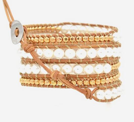 Wholesale white color pearl and  gold crystal 5 wrap leather bracelet