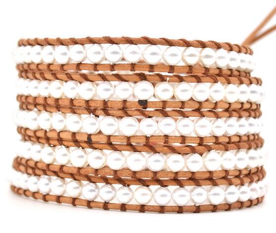 Wholesale white color pearl  5 wrap leather bracelet on brown leather