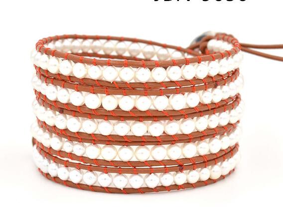 Wholesale white color pearl  5 wrap leather bracelet on beige leather