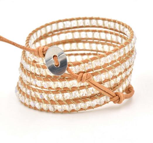 Wholesale white color crystal 5 wrap leather bracelet on brown leather