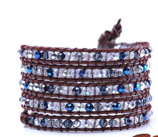 Wholesale white and blue crystal  5 wrap leather bracelet