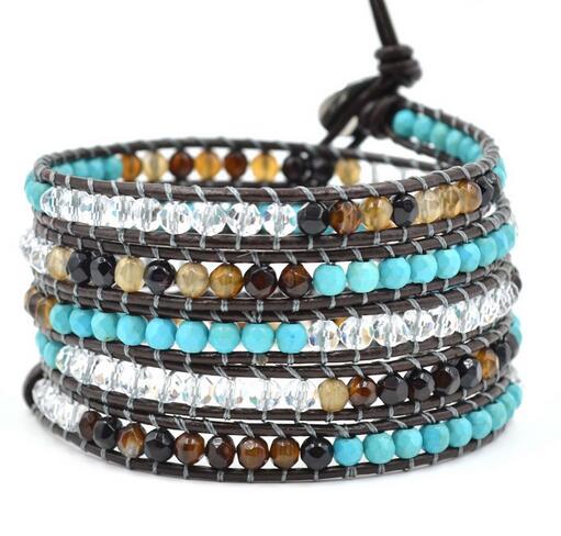 Wholesale turquoise and white crystal 5 wrap leather bracelet