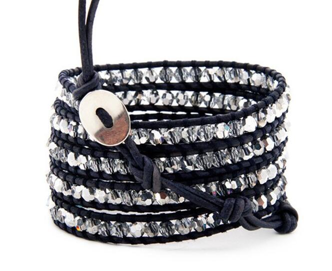 Wholesale silver crystal 5 wrap leather bracelet on black leather