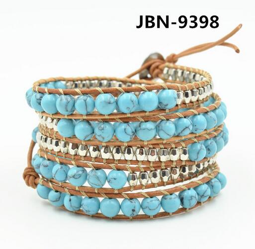 Wholesale turquoise 5 wrap leather bracelet on brown leather