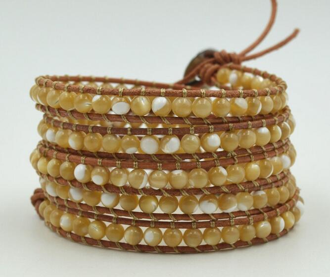 Wholesale shell 5 wrap leather bracelet on brown leather