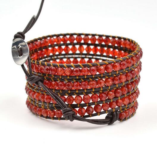 Wholesale red stone 5 wrap leather bracelet on brown leather